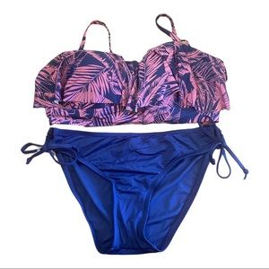 Kona Sol Bikini Swimsuit Ruffle Tropical Print Top Tie Side Bottoms Size Medium